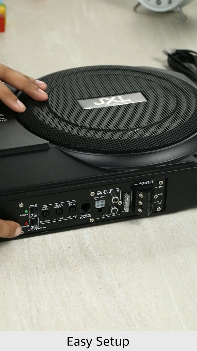 JXL Car Subwoofer XS-AW10 (10 Inches) Active Underseat Subwoofer 350 RMS Power 300+ Watts, Ultra Sleek, Shallow subwoofer, high Level Input/Audio - line Input